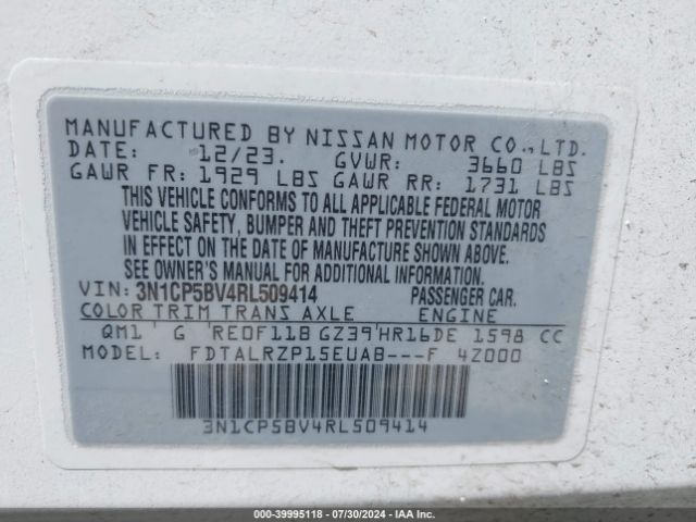 3N1CP5BV4RL509414 Nissan Kicks S Xtronic Cvt