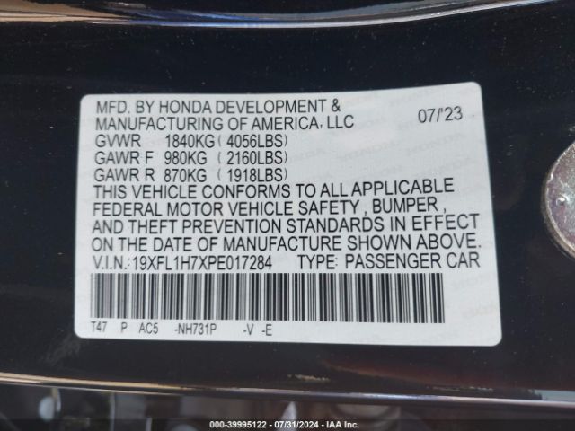 19XFL1H7XPE017284 Honda Civic Ex-l /ex-l W/o Bsi