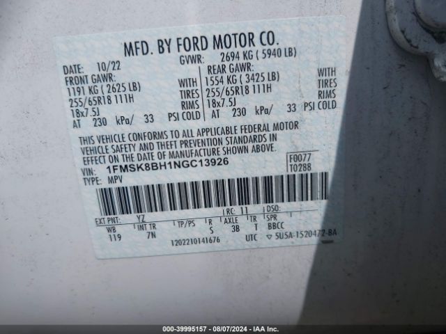 1FMSK8BH1NGC13926 Ford Explorer