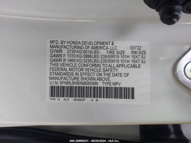 5FNRL6H90NB060986 Honda Odyssey Elite