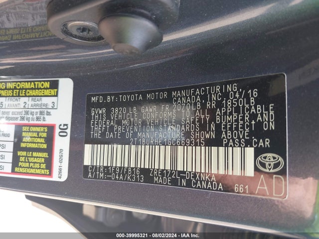 Toyota COROLLA LE 2016 2T1BURHE1GC669315 Image 9