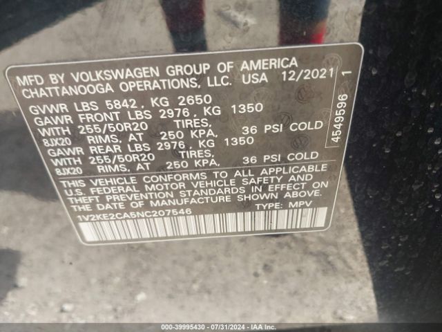 1V2KE2CA5NC207546 Volkswagen Atlas Cross Sport 3.6l V6 Se W/technology