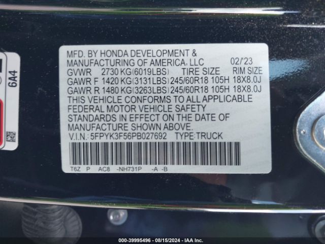 5FPYK3F56PB027692 Honda Ridgeline Rtl