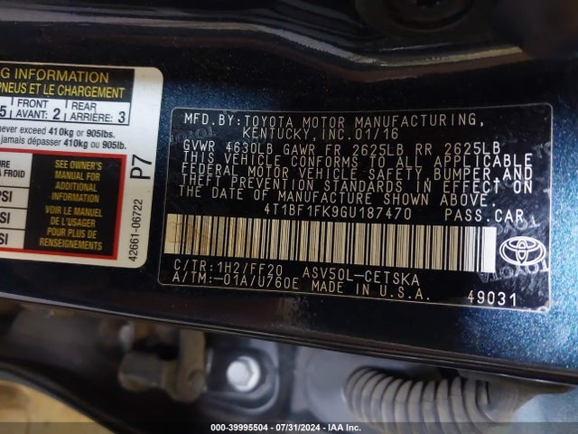 Toyota CAMRY SE 2016 4T1BF1FK9GU187470 Image 9