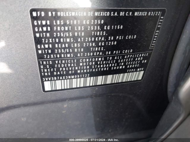 3VV3B7AX3NM091122 Volkswagen Tiguan 2.0t Se
