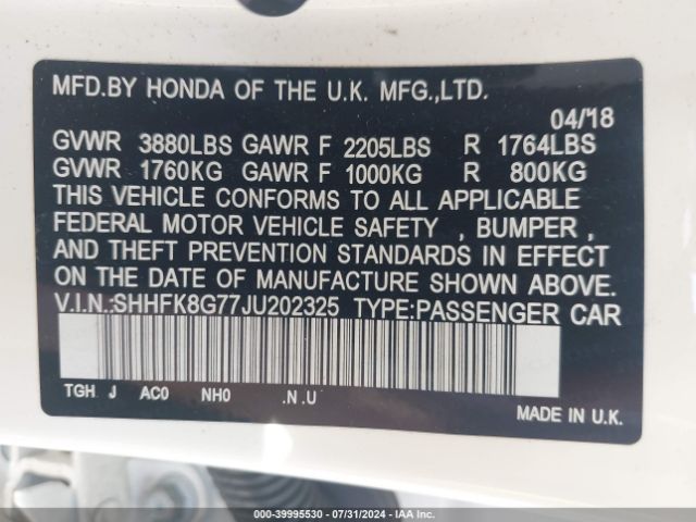 SHHFK8G77JU202325 Honda Civic Type R Touring