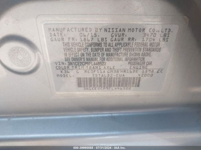 3N1CE2CP9FL446522 Nissan Versa Note Sv
