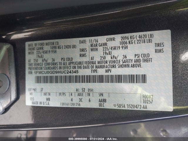 Ford ESCAPE SE 2017 1FMCU0GD9HUC24345 Image 9