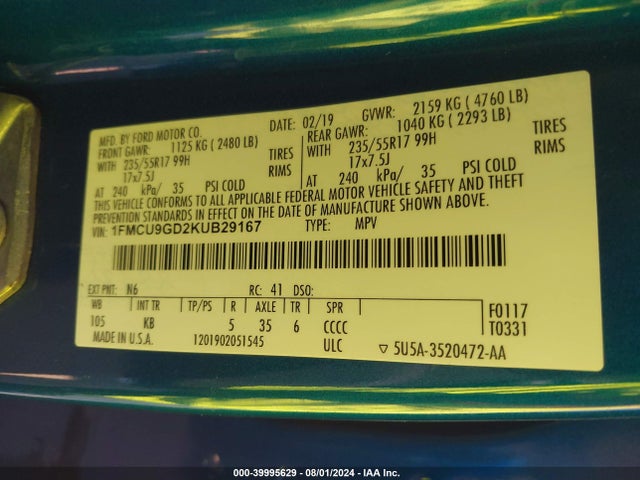 Ford ESCAPE SE 2019 1FMCU9GD2KUB29167 Image 9