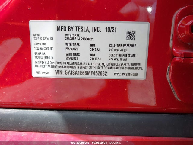 5YJSA1E68MF452682 Tesla Model S Plaid Tri Motor All-wheel Drive