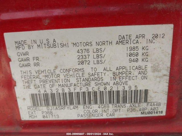 2012 MITSUBISHI GALANT 4A32B3FF3CE021395 Photo 8