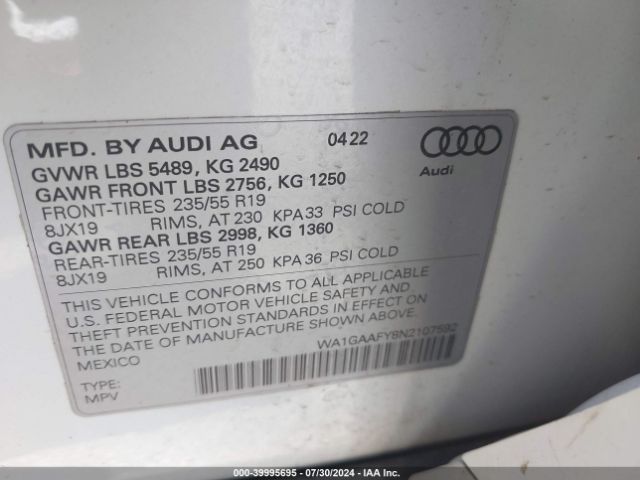 WA1GAAFY8N2107592 Audi Q5 Premium 45 Tfsi S Line Quattro S Tronic