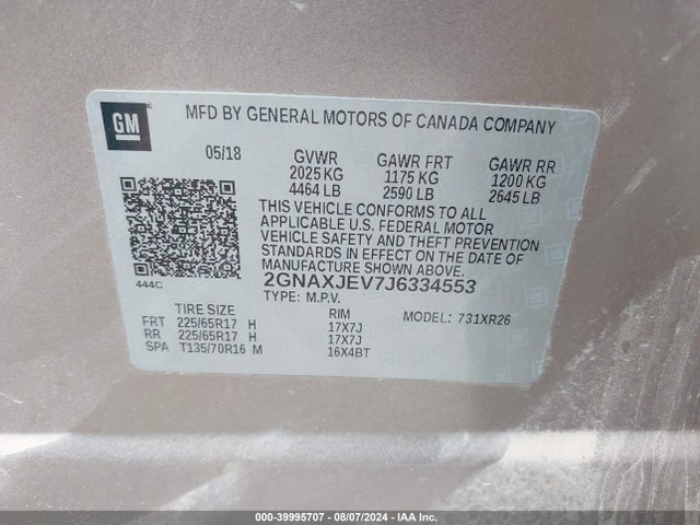 Chevrolet EQUINOX LT 2018 2GNAXJEV7J6334553 Image 9