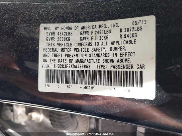 39995724 :رقم المزاد ، 1HGCR3F8XDA036653 vin ، 2013 Honda Accord Ex-l V-6 مزاد بيع