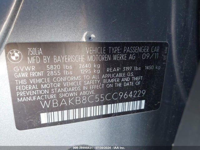 Продаж на аукціоні авто 2012 Bmw 750li, vin: WBAKB8C55CC964229, номер лоту: 39995831