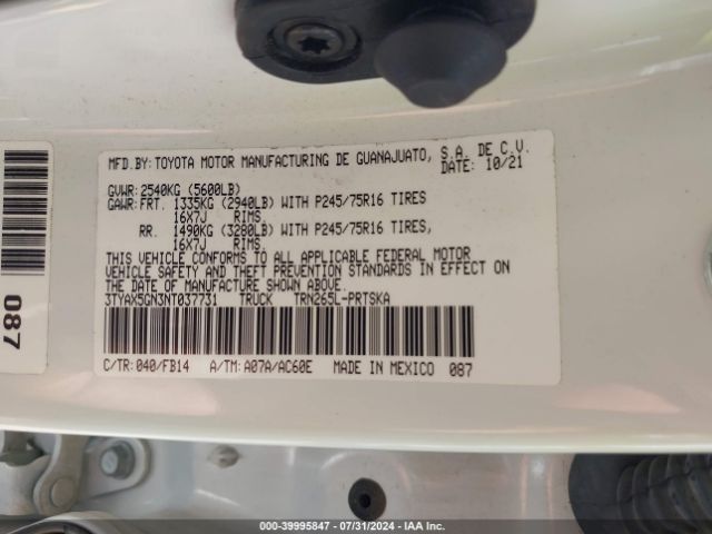 3TYAX5GN3NT037731 Toyota Tacoma Sr