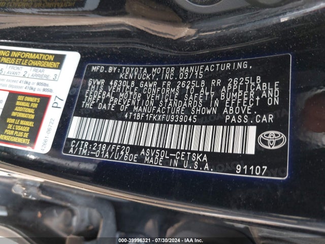 Toyota CAMRY SE 2015 4T1BF1FKXFU939045 Image 9