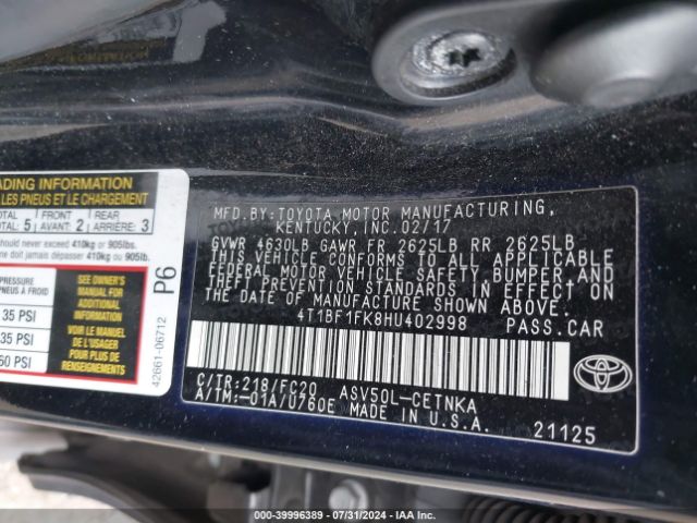 4T1BF1FK8HU402998 Toyota CAMRY LE