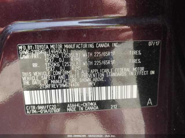 2T3RFREV1HW674406 Toyota Rav4 Xle