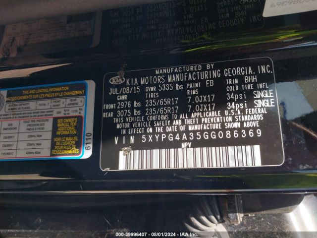 5XYPG4A35GG086369 KIA Sorento 2.4l Lx