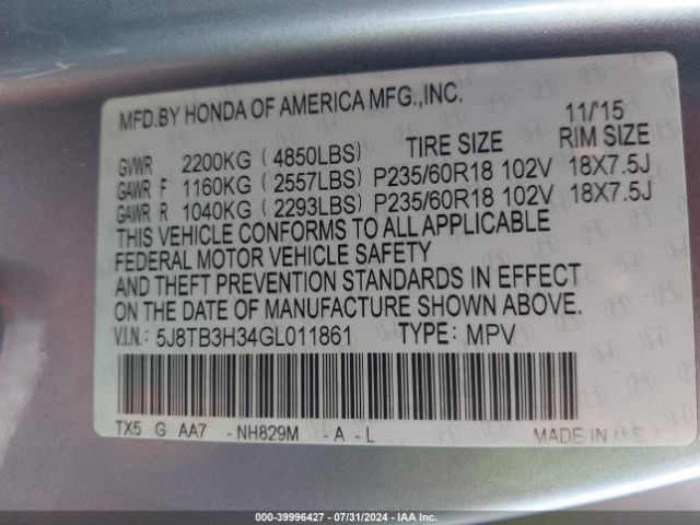 5J8TB3H34GL011861 Acura Rdx Acurawatch Plus Pkg