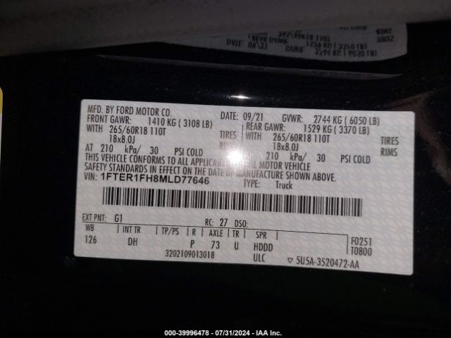 1FTER1FH8MLD77646 Ford Ranger Lariat