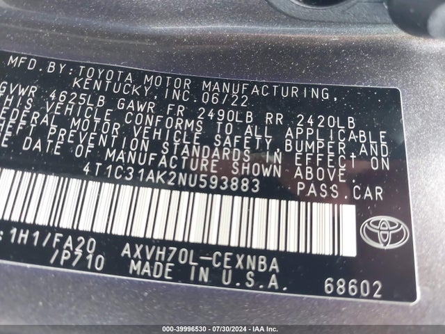 Toyota Camry Le Hybrid 2022 4T1C31AK2NU593883 Image 9