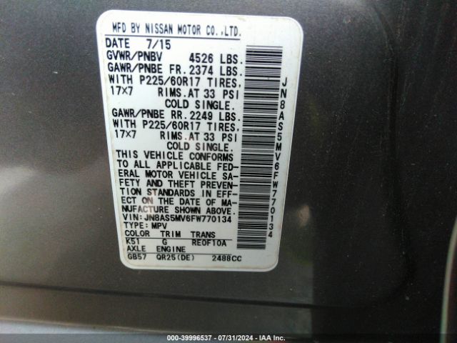 JN8AS5MV6FW770134 Nissan Rogue Select S