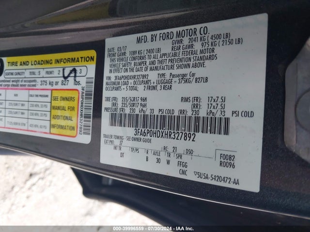 Ford FUSION SE 2017 3FA6P0HDXHR327892 Image 9