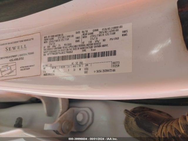 Продаж на аукціоні авто 2018 Ford F-250 Xl, vin: 1FT7W2BT6JEC78082, номер лоту: 39996604