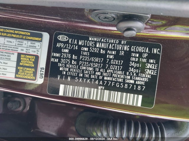 KIA Sorento Lx V6 2015 5XYKT4A77FG587187 Image 9