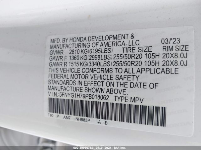 5FNYG1H79PB018062 Honda Pilot Awd Touring