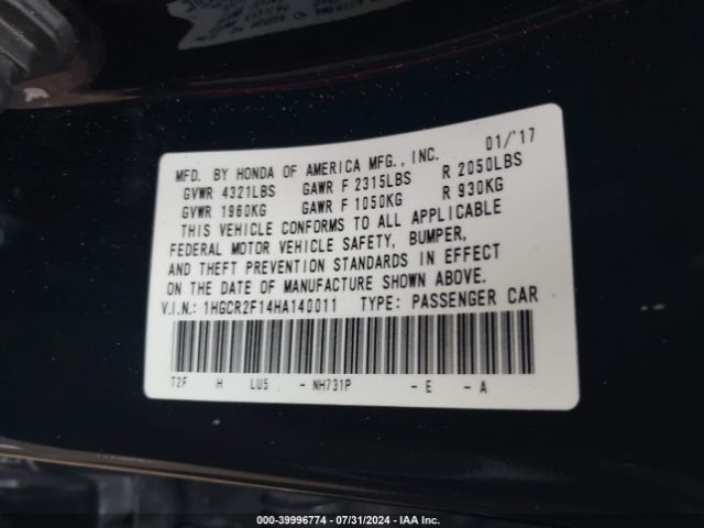 1HGCR2F14HA140011 Honda Accord Sport Se