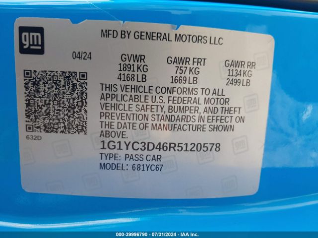 1G1YC3D46R5120578 Chevrolet Corvette Stingray Rwd  3lt