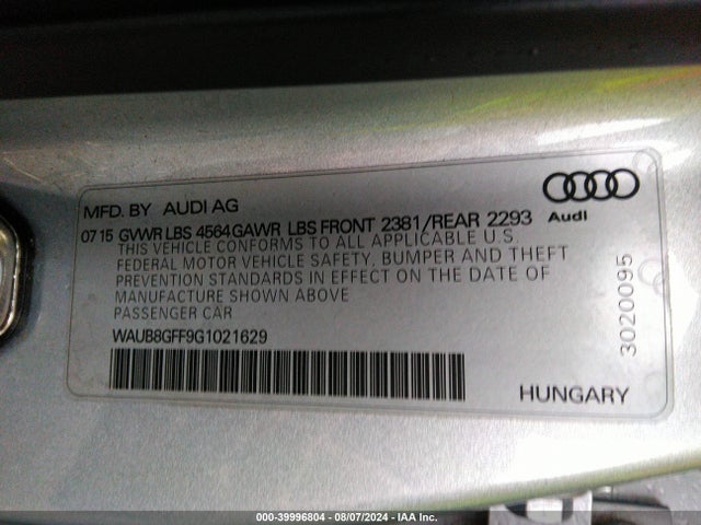 Audi A3 2.0t Premium 2016 WAUB8GFF9G1021629 Image 9