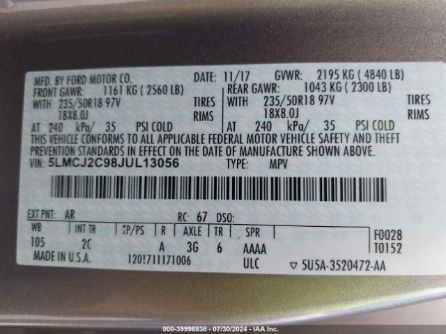 5LMCJ2C98JUL13056 Lincoln MKC SELECT