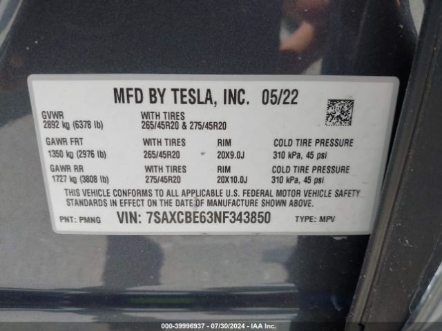 7SAXCBE63NF343850 Tesla Model X Plaid Tri Motor All-wheel Drive