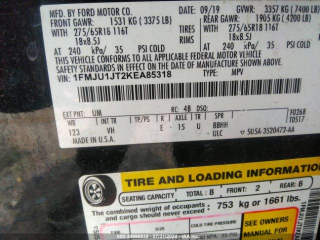 1FMJU1JT2KEA85318 Ford Expedition Xlt