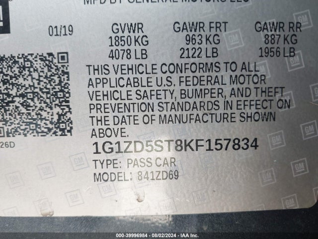 1G1ZD5ST8KF157834 Chevrolet MALIBU LT