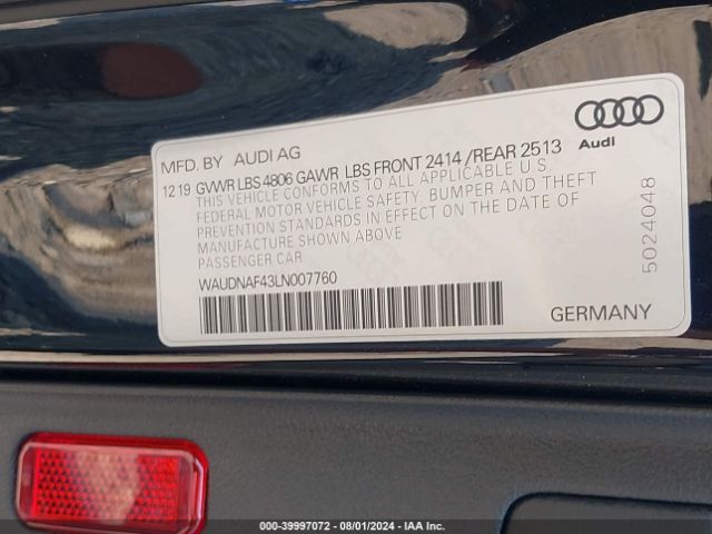 WAUDNAF43LN007760 Audi A4 Premium 45 Tfsi Quattro S Tronic