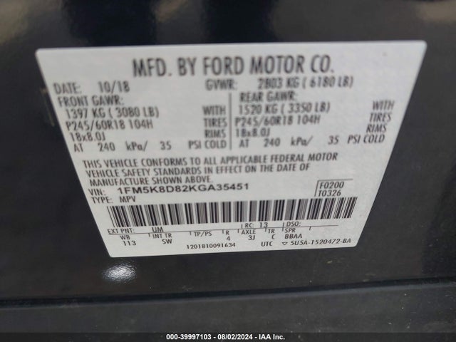 Ford EXPLORER XLT 2019 1FM5K8D82KGA35451 Image 9