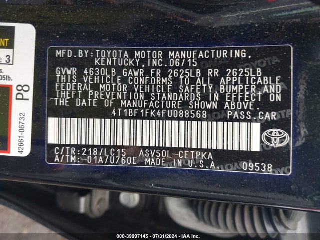 Toyota CAMRY XSE 2015 4T1BF1FK4FU088568 Image 9