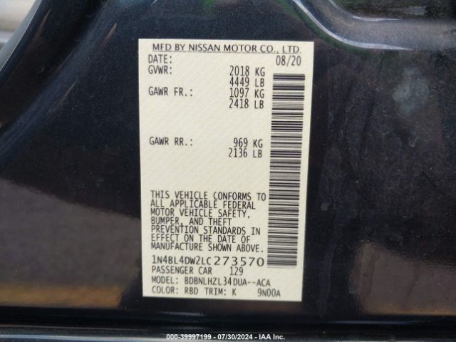 1N4BL4DW2LC273570 Nissan Altima Sv Intelligent Awd