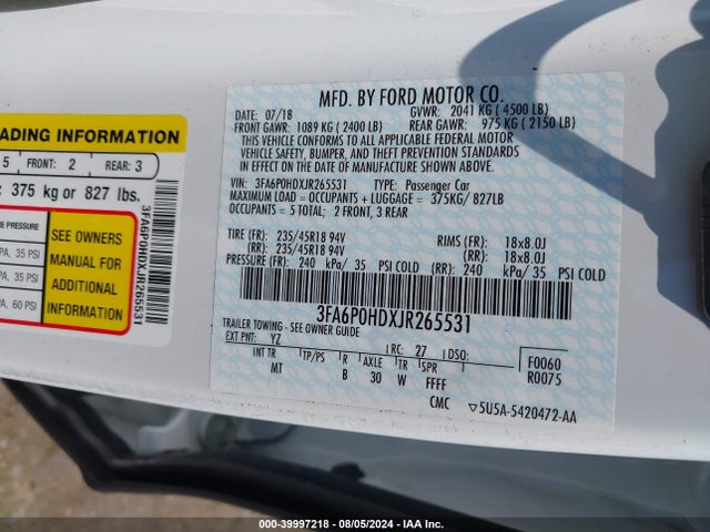 Ford FUSION SE 2018 3FA6P0HDXJR265531 Image 9