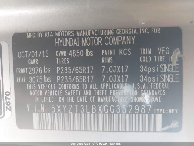 5XYZT3LBXGG352987 Hyundai Santa Fe Sport 2.4l