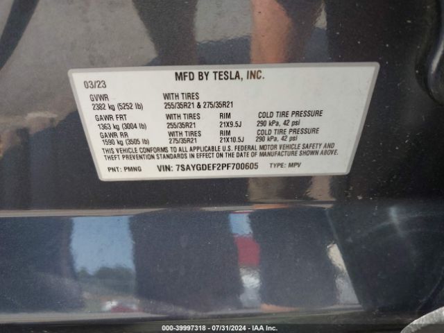 7SAYGDEF2PF700605 Tesla Model Y Awd/performance Dual Motor All-wheel Drive