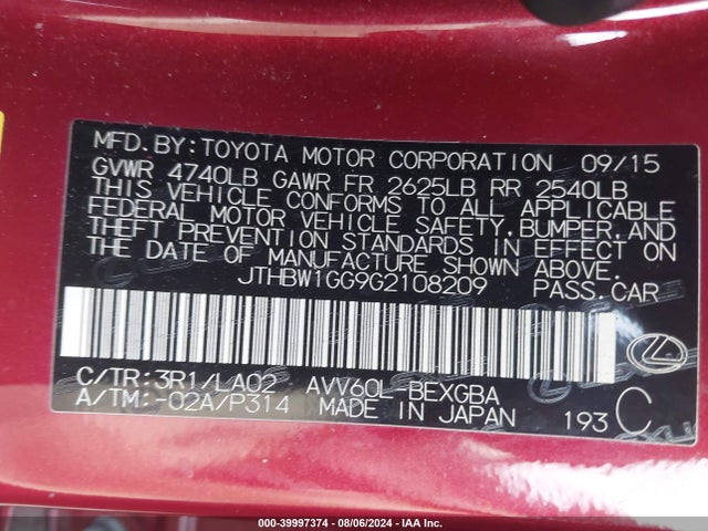 JTHBW1GG9G2108209 Lexus ES 300H