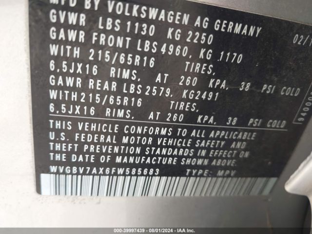WVGBV7AX6FW585683 Volkswagen TIGUAN S