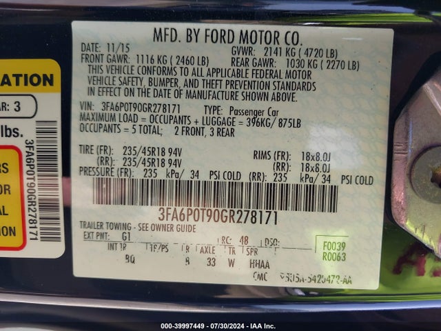 Ford FUSION SE 2016 3FA6P0T90GR278171 Image 9