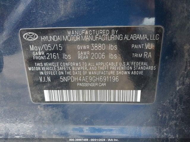 Hyundai ELANTRA SE 2016 5NPDH4AE9GH691196 Image 9
